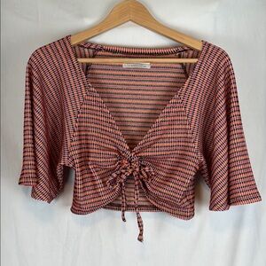 Urban Outfiters Plunging Neckline Tie Front Bell Sleeve Crop Top 70's Style Lg